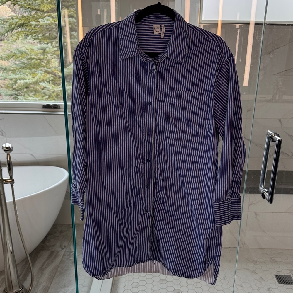 Twik Navy and White Striped Button Down Shirt Dress